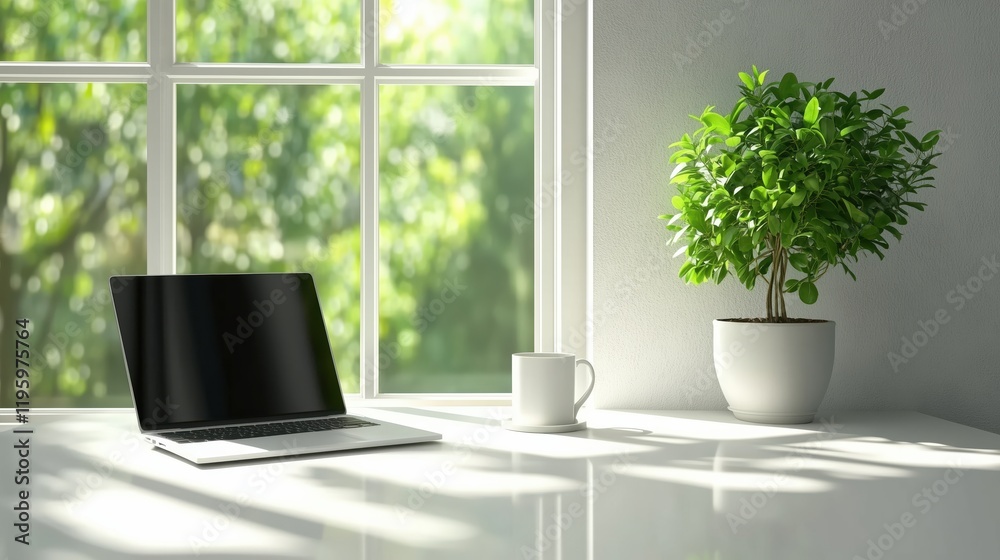 Bright natural light illuminates a clean white desk with a laptop, coffee mug, and potted plant, creating a serene and productive workspace Bright natural light illuminates a clean white desk with a laptop, coffee mug, and potted plant, creating a serene and productive workspace