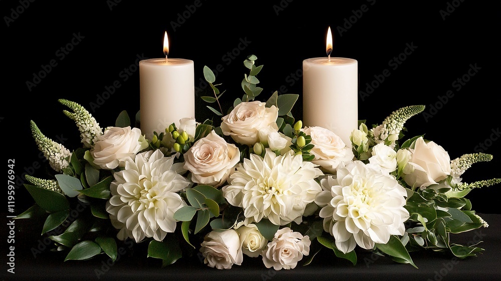 Fototapeta premium A sophisticated floral arrangement for a dinner table, featuring candles and elegant flowers.