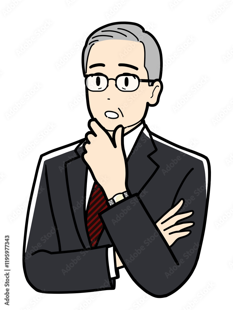 考えているスーツのシニア男性のイラスト 考えているスーツのシニア男性のイラスト