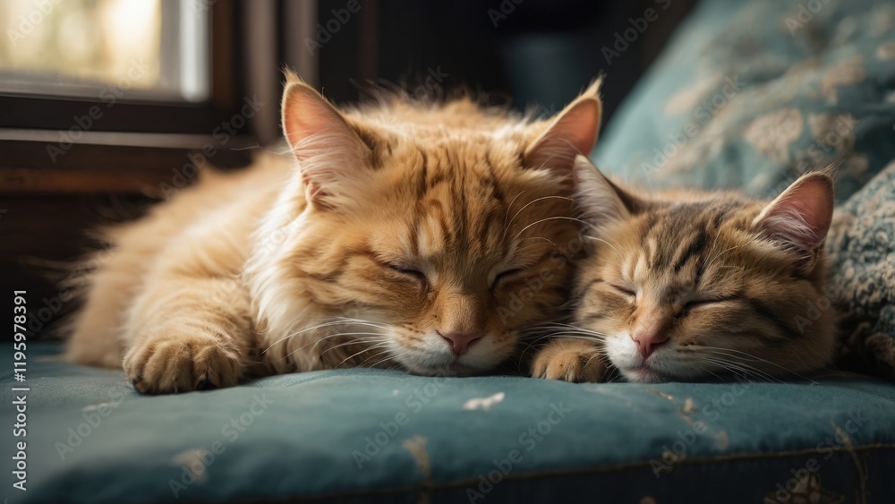 Two Sleeping Cats Relaxing in Warm Light Two Sleeping Cats Relaxing in Warm Light