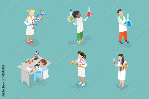 3D Isometric Flat Vector Illustration of Scientists Kids Characters, Young Scholars Exploring The World