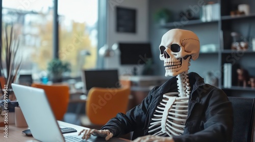 A skeleton sits at a desk in a modern office, using a laptop.  The scene is brightly lit and conveys a humorous, slightly morbid take on office work. photo