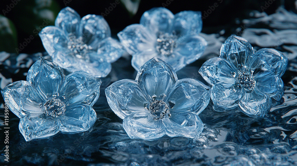 A close-up view of the glass crystal flower Diphylleia grayi with delicate transparent petals reflecting light surrounded by a blurred chaotic backdrop and caption space on the side A close-up view of the glass crystal flower Diphylleia grayi with delicate transparent petals reflecting light surrounded by a blurred chaotic backdrop and caption space on the side