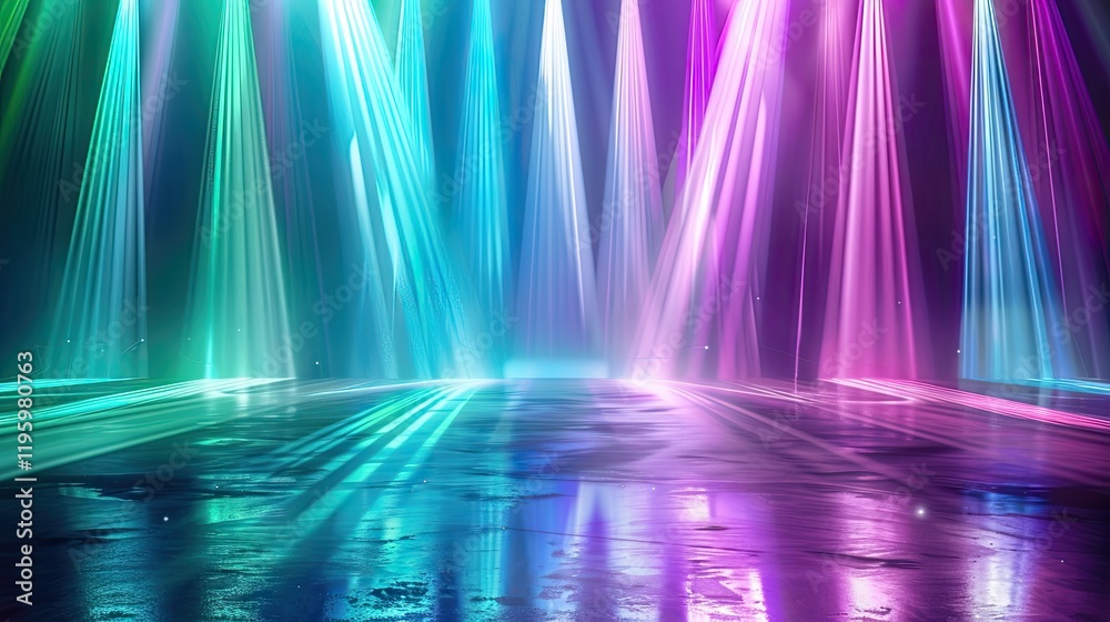 Neon light beams illuminate a reflective floor. Neon light beams illuminate a reflective floor.