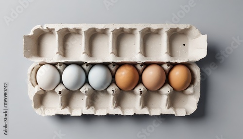 Fresh Eggs in Carton Kitchen Food product photography. An egg carton filled with a colorful mix of white, brown, and blue eggs. The image is an appealing representation of fresh, natural products and 