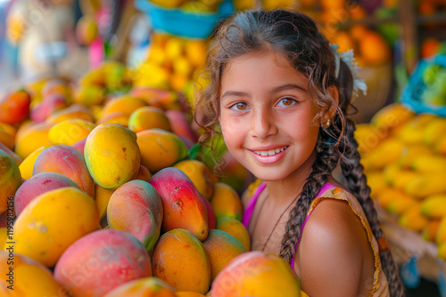 Amidst the colorful chaos of a bustling bazaar, an Indian girl joyfully picks out ripe mangoes, her face lighting up with excitement at the thought of the sweet, juicy fruit photo