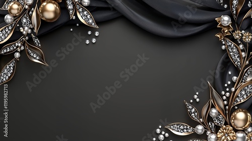 Elegant Black and Gold Jewel Decor:  A Luxurious 3D Render of Pearls, Diamonds, and Silk