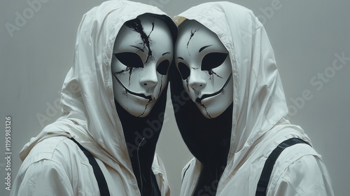 Two individuals wearing haunting masks and hooded jackets pose close together against a plain background