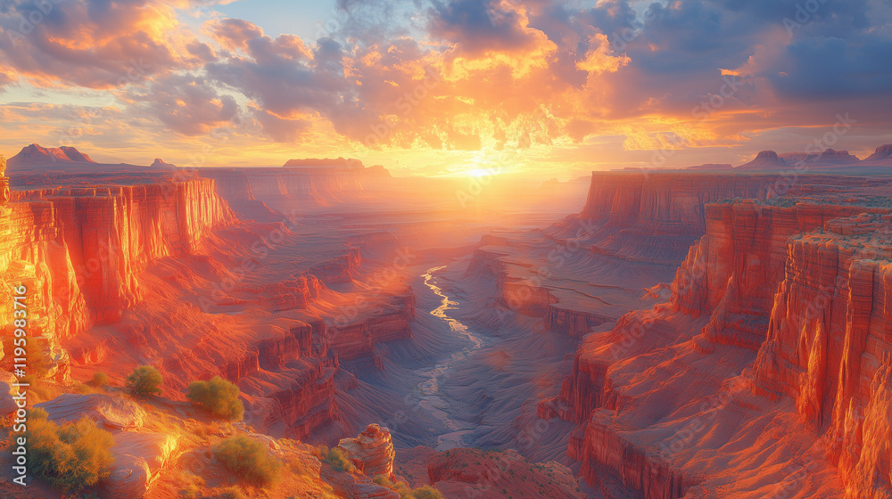 Fototapeta premium an expansive canyon landscape in a national park, with red rock formations glowing under the golden light of sunset, a winding river below