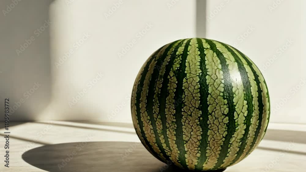 Beautifully lit watermelon resting on a table with shadows in a bright indoor setting Beautifully lit watermelon resting on a table with shadows in a bright indoor setting