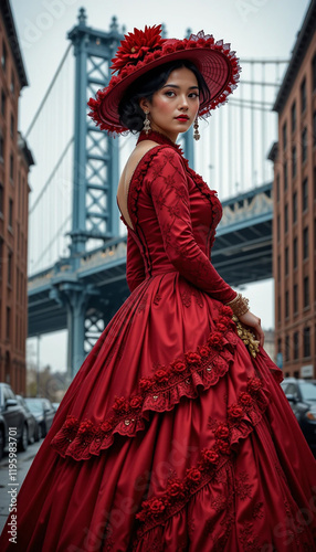 Elegant Lady in Scarlet: Vintage Charm by the Manhattan Bridge