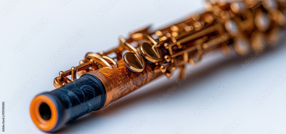 Naklejka premium Soprano Saxophone: A Close-Up View of a Luxurious Musical Instrument