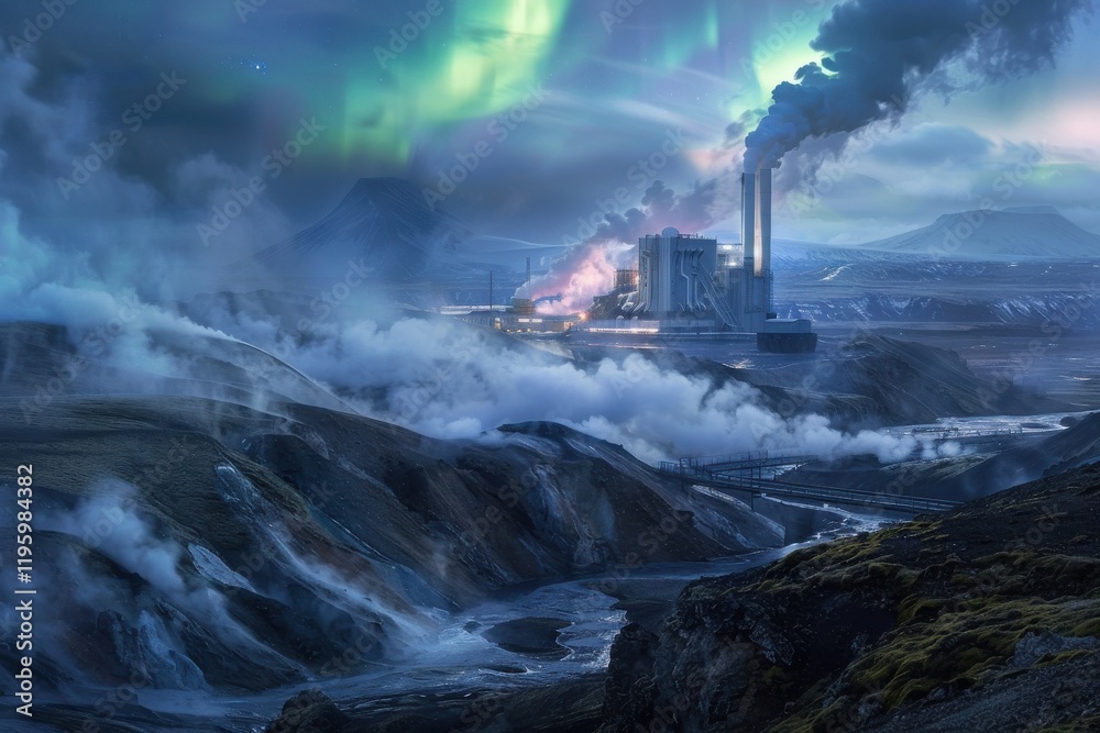 Fototapeta premium Mystical geothermal plant. Volcanic landscape, steam vents, aurora borealis. Eerie beauty. Northern lights illuminate the scene.