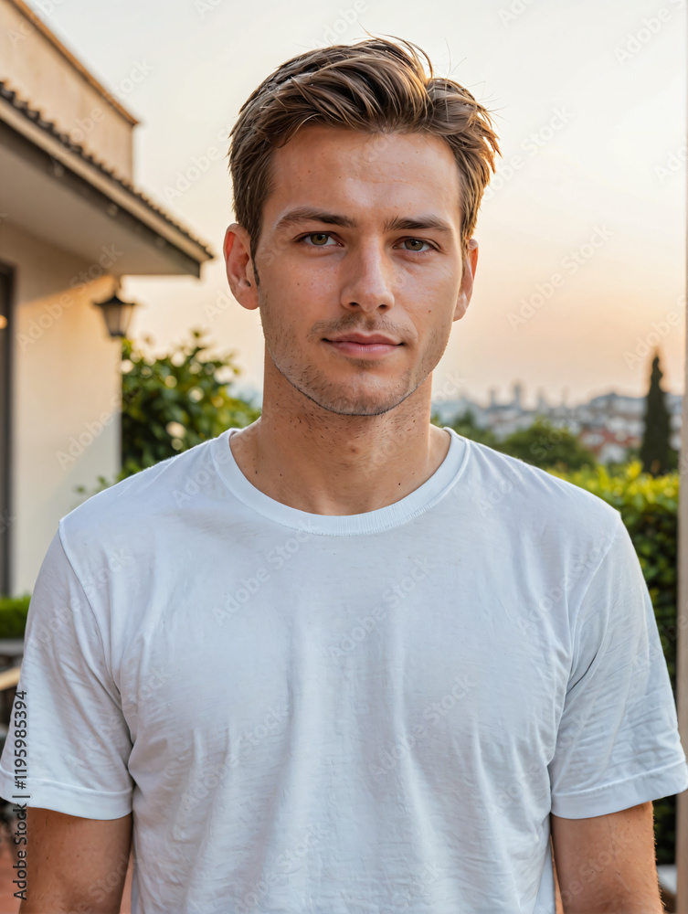 Retrato de un hombre joven blanco de pie en la entrada de una casa vistiendo una camiseta blanca de algodón Retrato de un hombre joven blanco de pie en la entrada de una casa vistiendo una camiseta blanca de algodón
