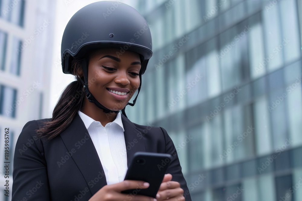 A young African American businesswoman wearing a black protective helmet and a formal suit smiles while holding a smartphone in an outdoor urban setting with modern architecture in the background A young African American businesswoman wearing a black protective helmet and a formal suit smiles while holding a smartphone in an outdoor urban setting with modern architecture in the background