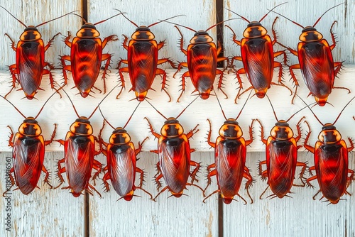 A lot of cockroaches are sitting on a white wooden shelf.The German cockroach (Blattella germanica). Common household cockroaches photo