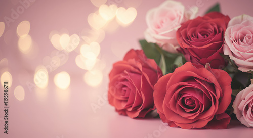 Romantic Valentine's Day Roses Bouquet with Pink Background and Bokeh Lights