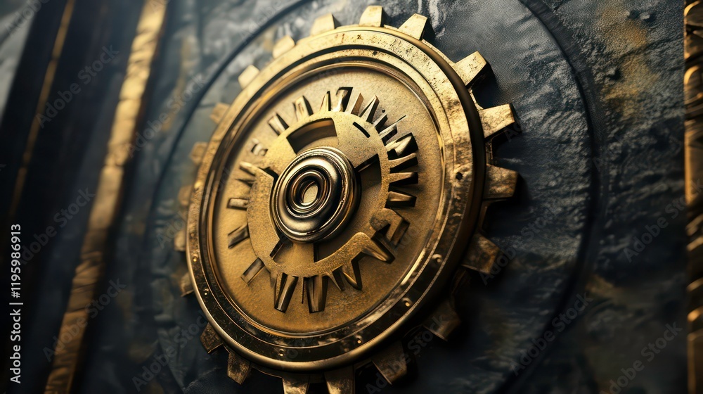 Close-up of a golden gear mechanism set in dark stone. Close-up of a golden gear mechanism set in dark stone.