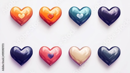 Eight Colorful Glossy Hearts Graphic Design