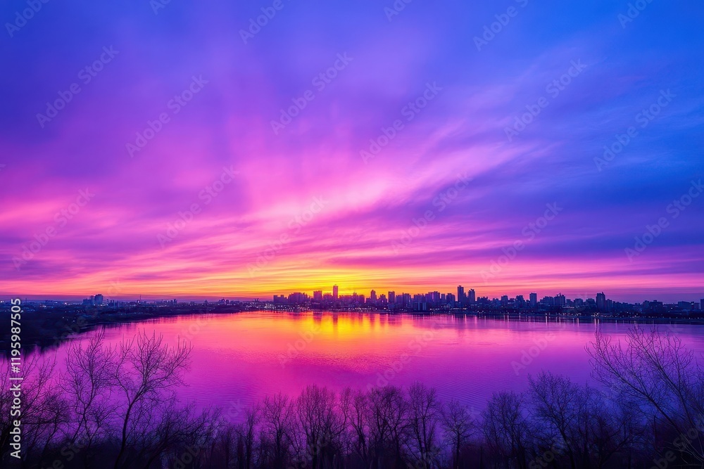 Obraz premium A city skyline glowing under a purple sunset, panoramic and serene