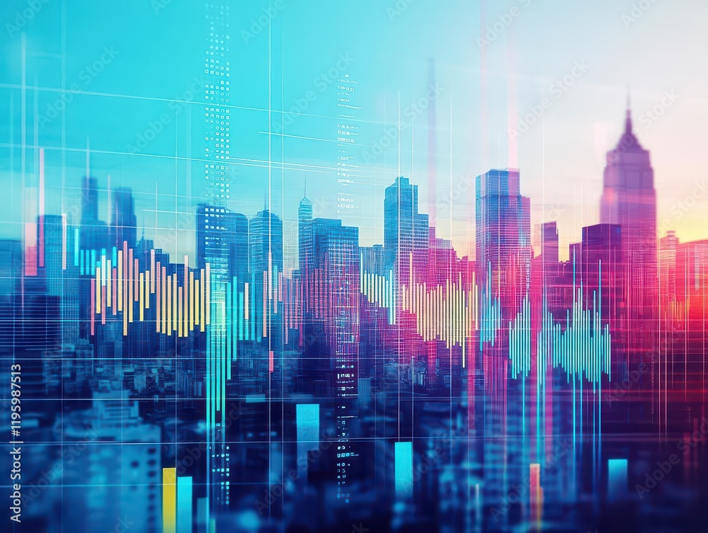 A city skyline overlaid with pulsating soundwave graphics, urban and modern tone A city skyline overlaid with pulsating soundwave graphics, urban and modern tone