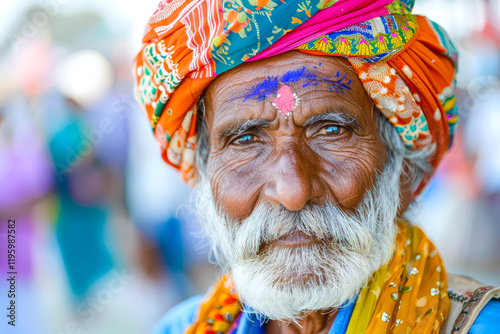 Amidst the energy of a cultural celebration, an Indian man displays cultural pride, his patriotic attitude and deep connection to his roots serving as a source of inspiration photo