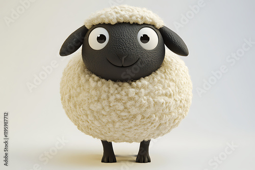 A cute, cartoonish black-faced sheep with a fluffy white body, designed for playful appeal. photo