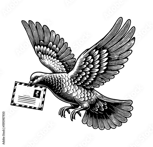 pigeon bird deliver letter engraving black and white outline