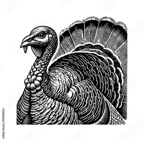 turkey bird engraving black and white outline