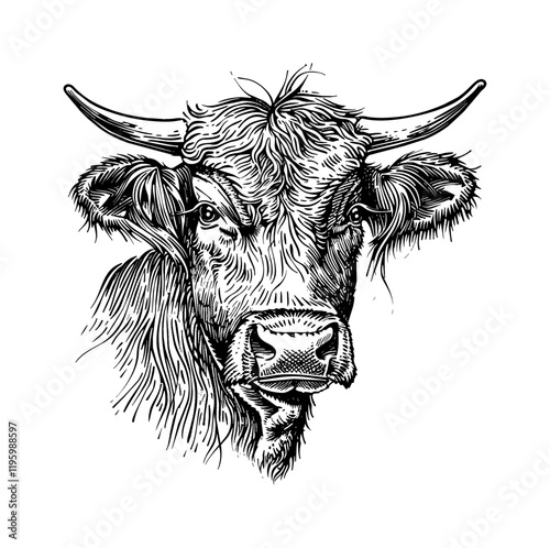 scottish highland cow engraving black and white outline