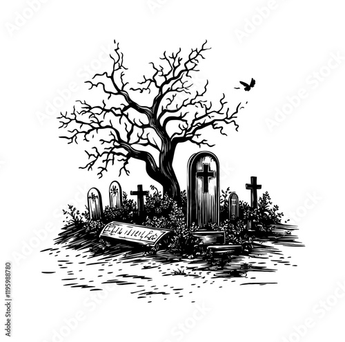 graveyard engraving black and white outline
