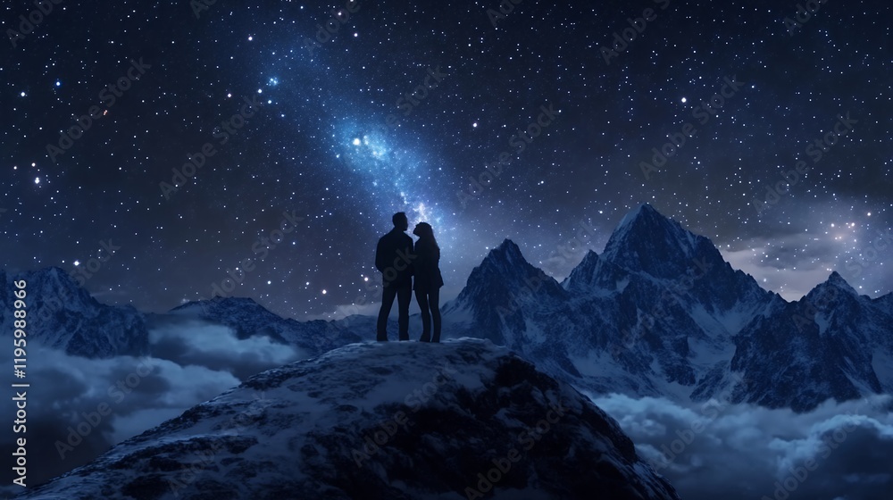 Romantic Couple Silhouetted Against Starry Mountain Night Romantic Couple Silhouetted Against Starry Mountain Night