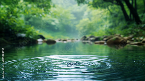 Fluid motion of crystal clear water flowing naturally with close up view showcasing the beauty of nature, blurred background with empty blank space for captions on the side, symbolizing calm and chaos