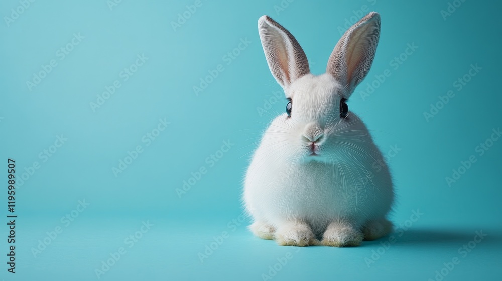 A white rabbit is sitting on a blue background A white rabbit is sitting on a blue background