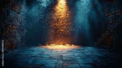 A dark  empty room with a brick wall and a light shining on it
