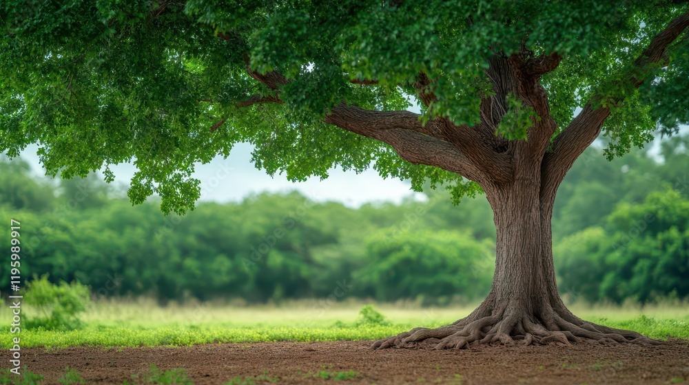 Fototapeta premium A giant oak tree with strong roots gripping the earth, natural and grounded tone