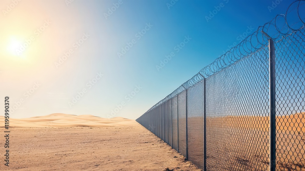 A highsecurity fence in a desert, with sand dunes and a blazing sun A highsecurity fence in a desert, with sand dunes and a blazing sun