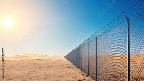 A highsecurity fence in a desert, with sand dunes and a blazing sun