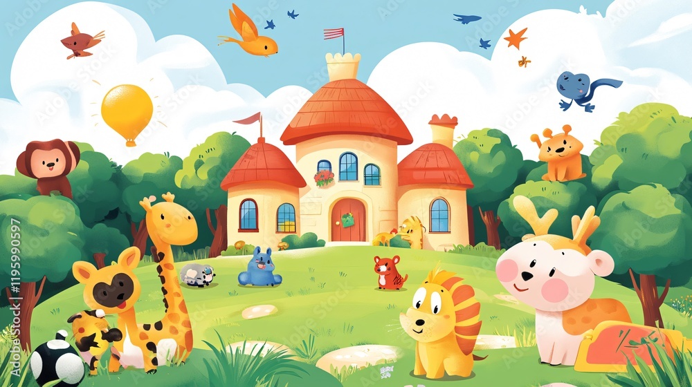 Adorable cartoon animals in school holding placard, wide angle view Adorable cartoon animals in school holding placard, wide angle view