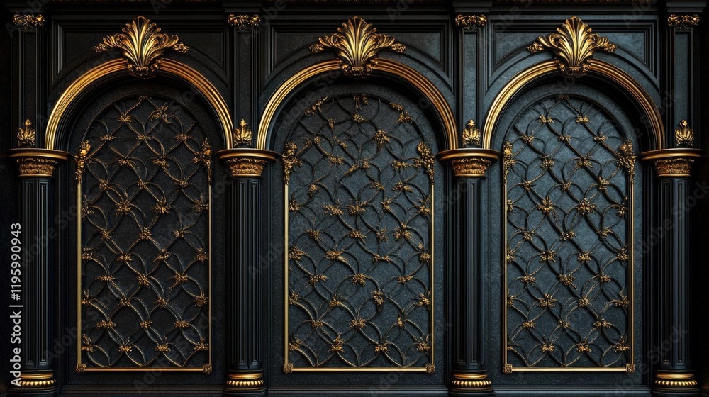 Naklejka premium Opulent Black and Gold Ornate Wall Panel with Intricate Architectural Details