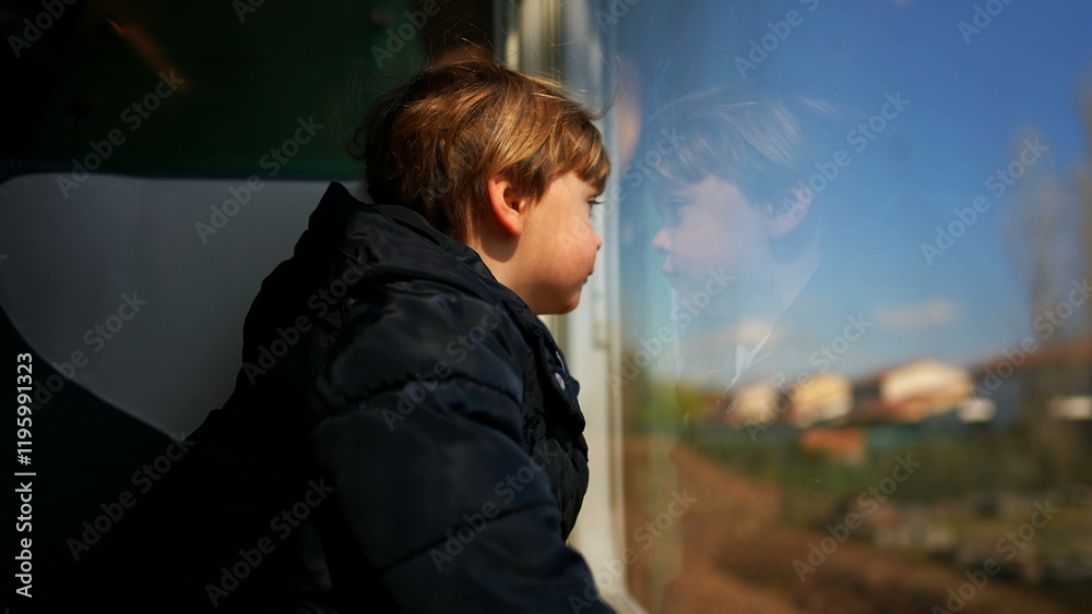 Child on a trip journey traveling by train leaning on window Child on a trip journey traveling by train leaning on window