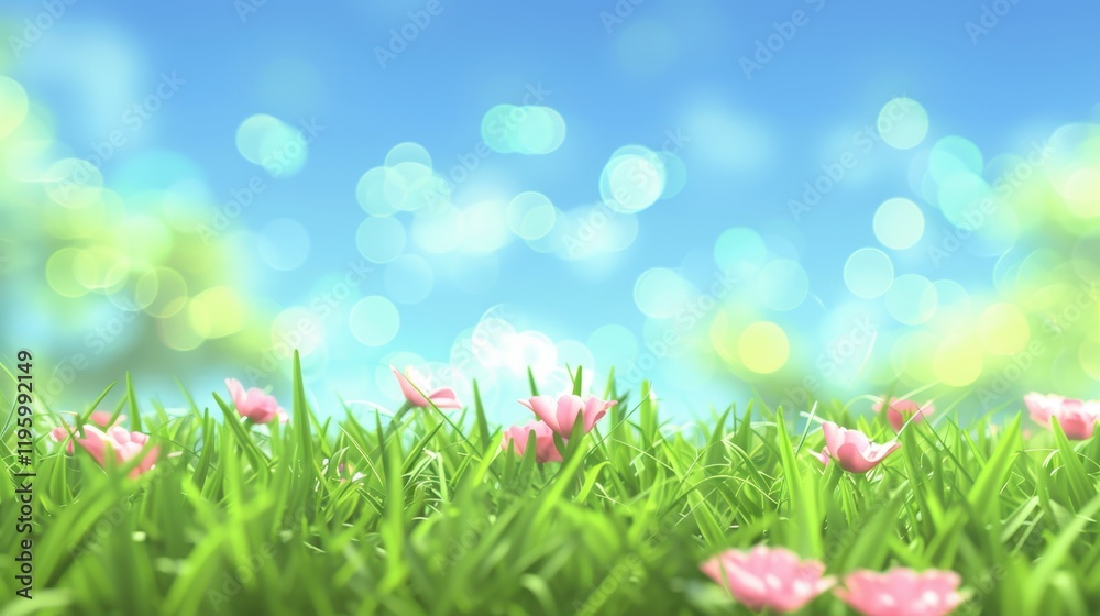 Serene Spring Meadow Delicate Pink Flowers in Lush Green Grass under a Bright Blue Sky. Serene Spring Meadow Delicate Pink Flowers in Lush Green Grass under a Bright Blue Sky.