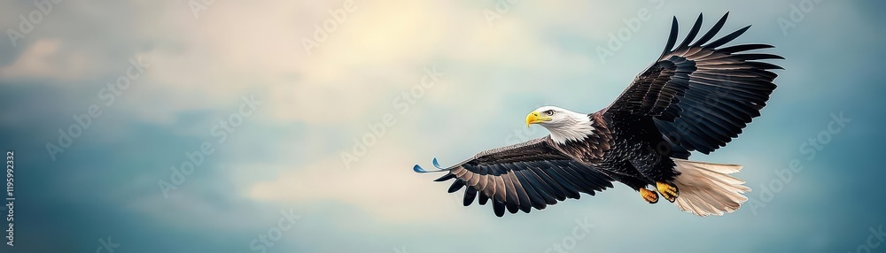 Obraz premium A powerful eagle soaring through the sky, wings spread wide, majestic expression