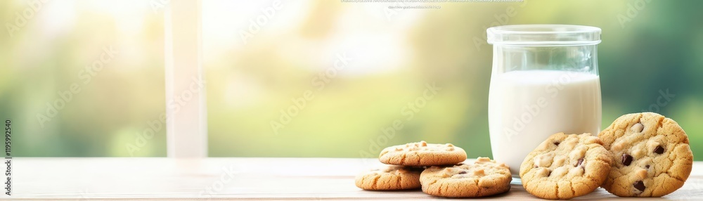 A romantic breakfast table with milk and cookies, sunlight streaming through the window, space for text above A romantic breakfast table with milk and cookies, sunlight streaming through the window, space for text above