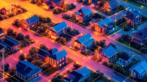 Aerial view of a connected smart city neighborhood at night, showcasing homes illuminated with digital network lines.