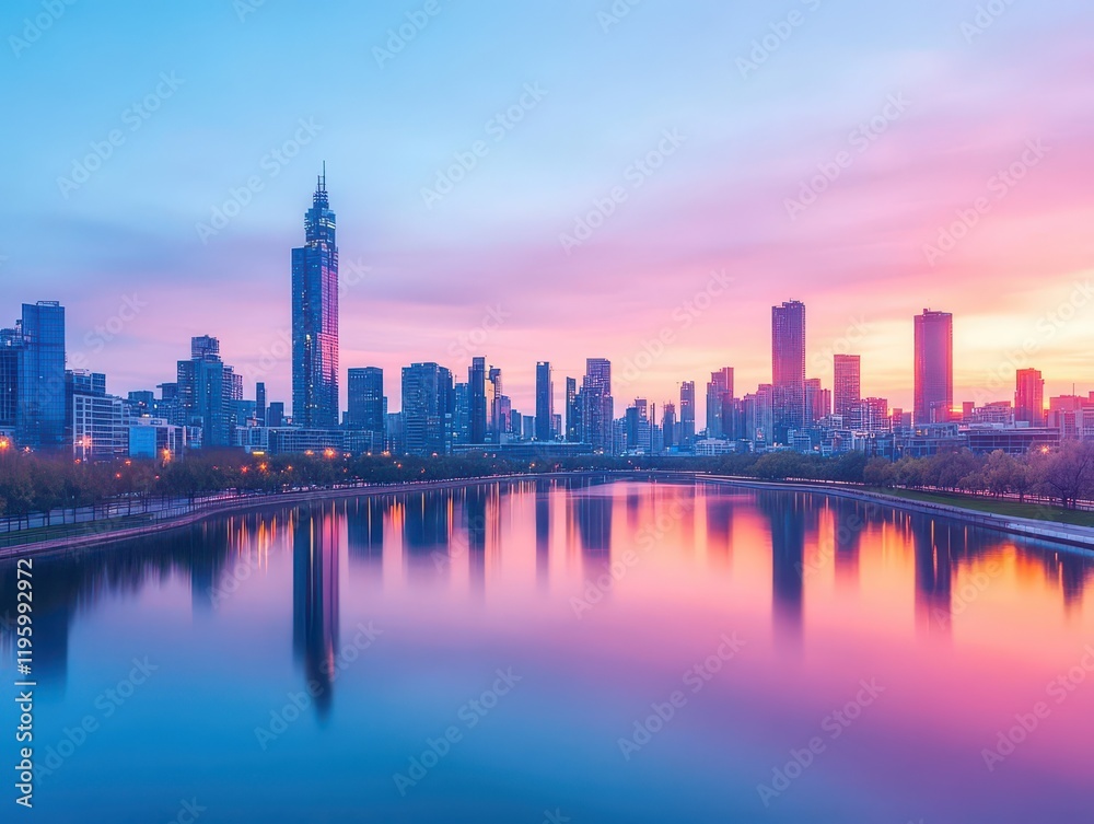 A skyline view of a city at dusk with vibrant reflections on water, warm and serene mood A skyline view of a city at dusk with vibrant reflections on water, warm and serene mood