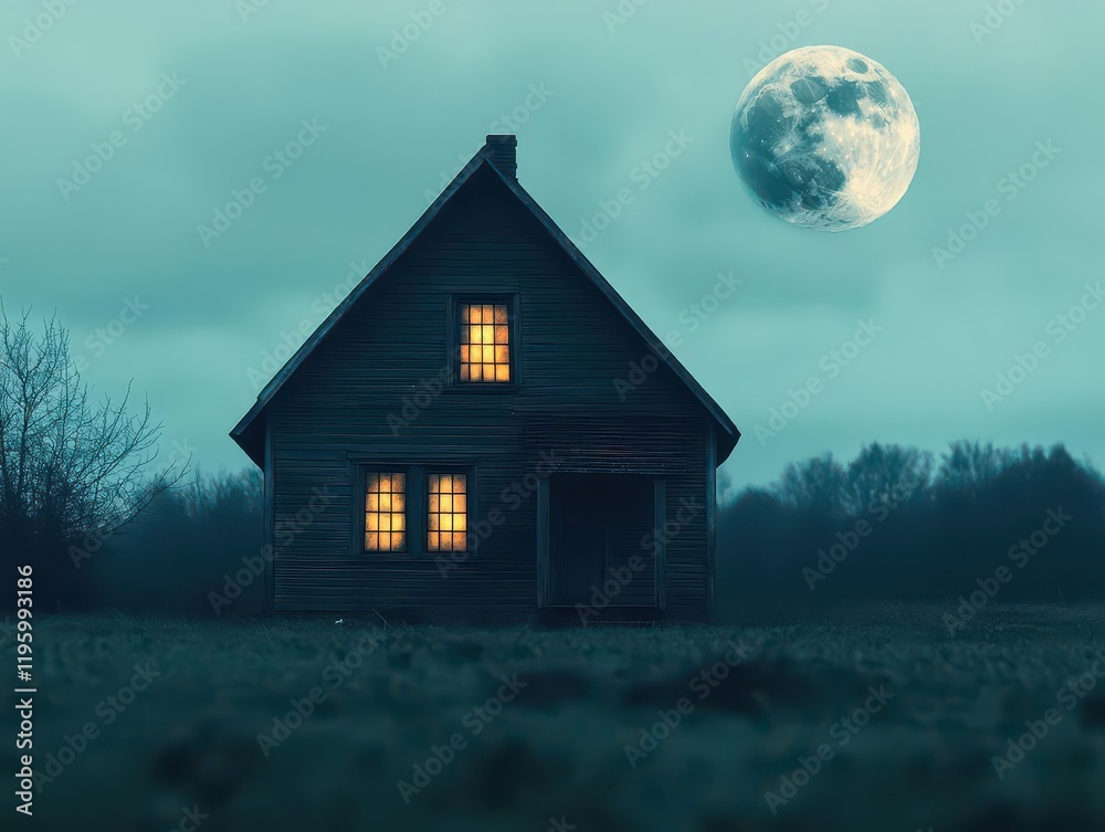 A spooky haunted house with glowing windows under a full moon, eerie and mysterious A spooky haunted house with glowing windows under a full moon, eerie and mysterious