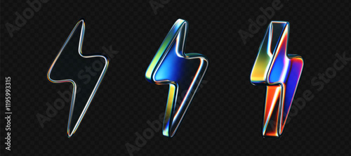 3d glass lightning icons with holographic effect isolated on black background. Render transparent glass thunder bolts with crystal chromatic dispersion of light, rainbow gradient. 3d vector morphism