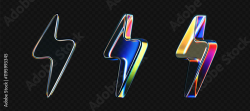 3d glass lightning icons with holographic effect isolated on black background. Render transparent glass thunder bolts with crystal chromatic dispersion of light, rainbow gradient. 3d vector morphism