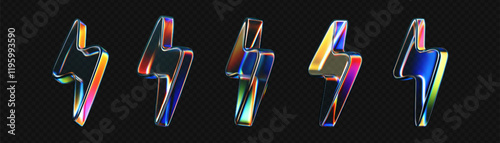 3d glass lightning icons with holographic effect isolated on black background. Render transparent glass thunder bolts with crystal chromatic dispersion of light, rainbow gradient. 3d vector morphism